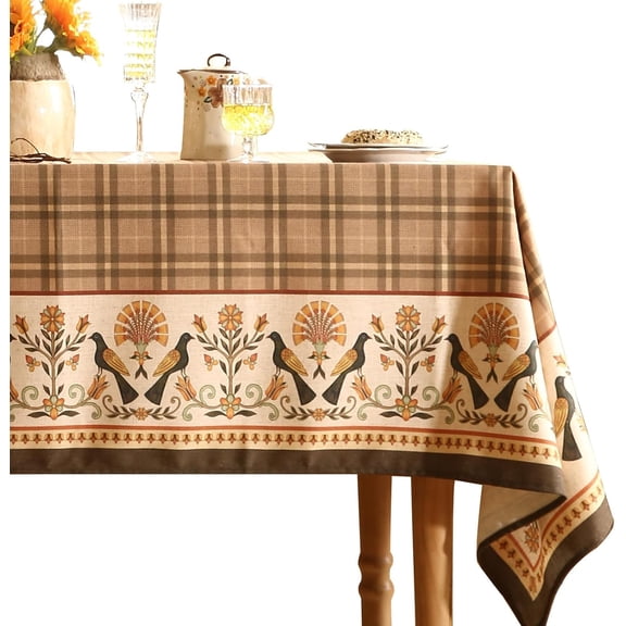 Vintage Brown Checkered Rectangle Tablecloth,Italian Floral Linen Wrinkle Resistant Table Cloth,Decor Table Cover for Kitchen,Dining,Thanksgiving,Christmas,Tea Party,84" x 60" (Rectangular)