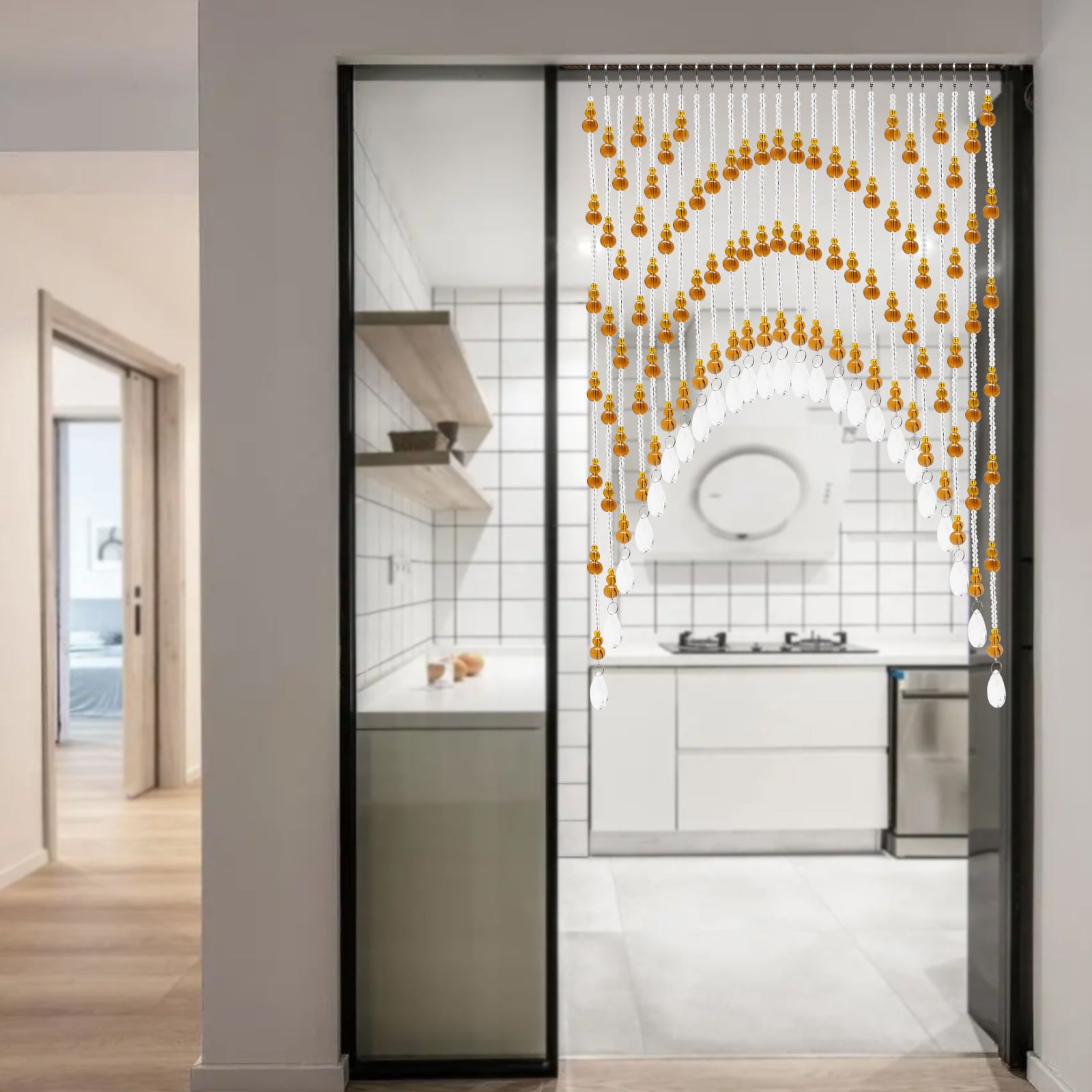 Crystal Glass Beaded Door Curtain 25-60in Adjustable Amber Clear Arched Gourd-Shaped Beads for Doorways, Windows