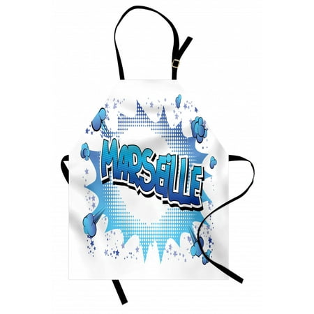 

France Apron Marseille Text Cloud Designed as Comic Book Style on Plain Background Unisex Kitchen Bib with Adjustable Neck for Cooking Gardening Adult Size White and Azure Blue by Ambesonne