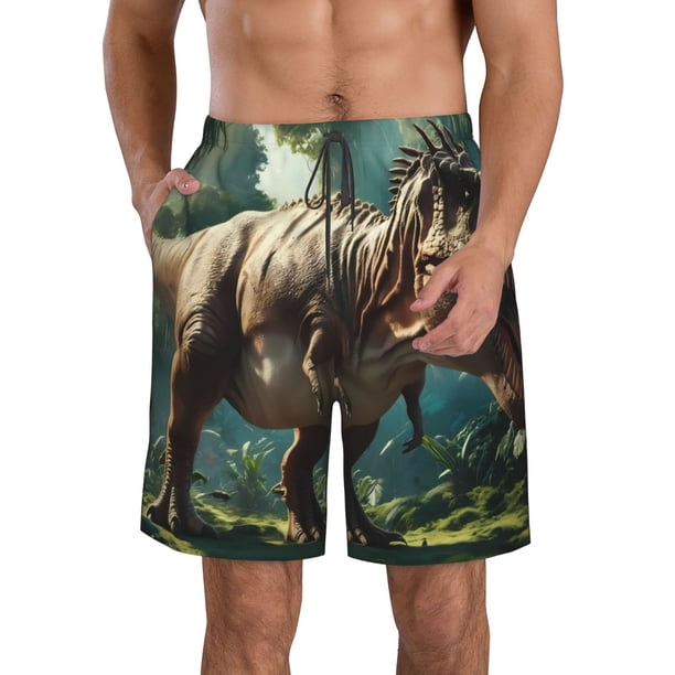 Balery Green Forest Dinosaur Traje de Baño Estilo Hawaiano para Hombre, Shorts de Secado Rápido con Bolsillos-Large