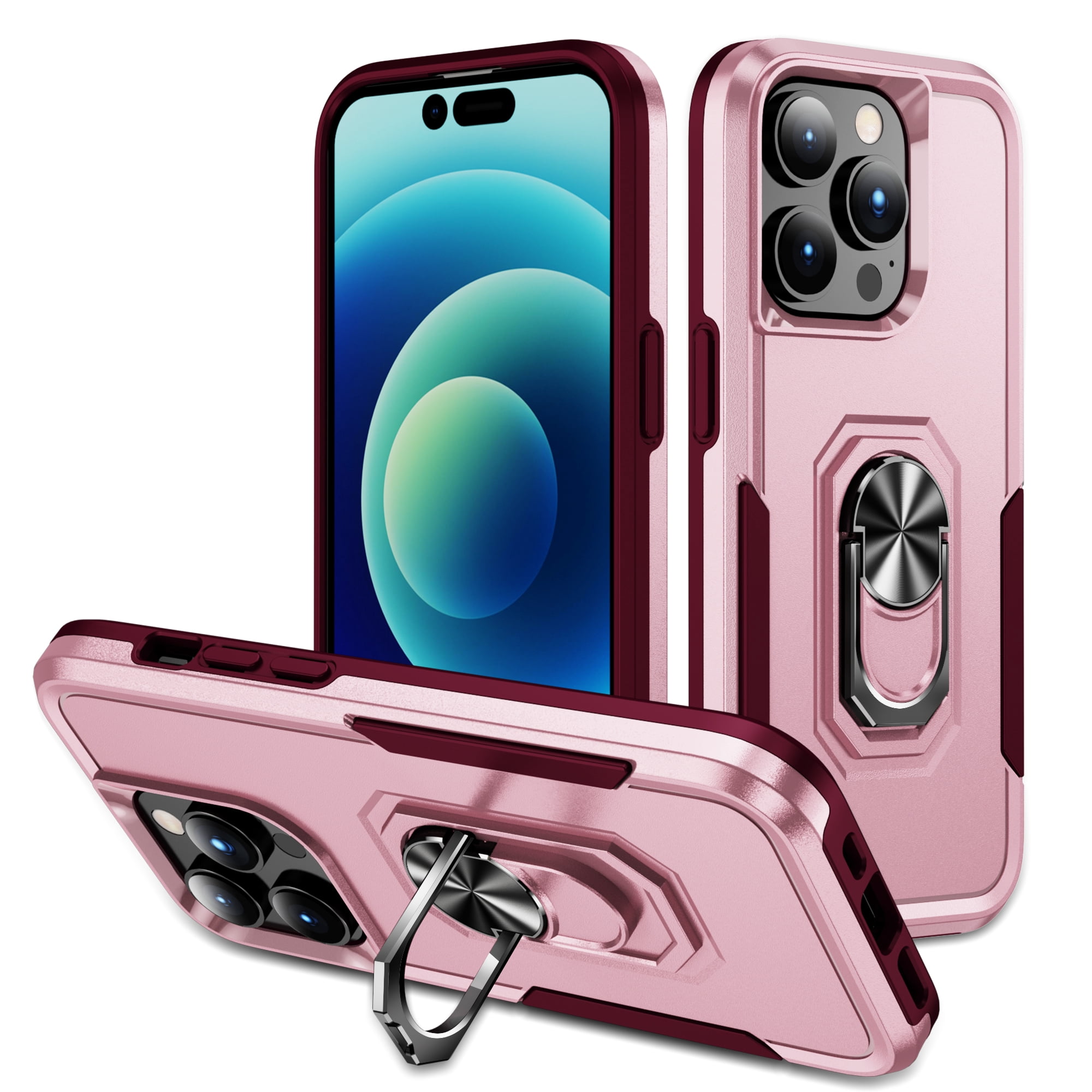 for iPhone XS Max Case Protective Cover,Heavy Duty Military Grade Hard Protection Shock Proof Grip | Durable Dual-Layer Design Phone Case with Built-in 360 Ring Holder Kickstand,Pink+Rose