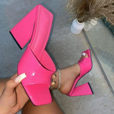 

Tangnade House Slippers for Women Fashion Summer Solid Color Square Toe Large Size Thick High Heel Sandals