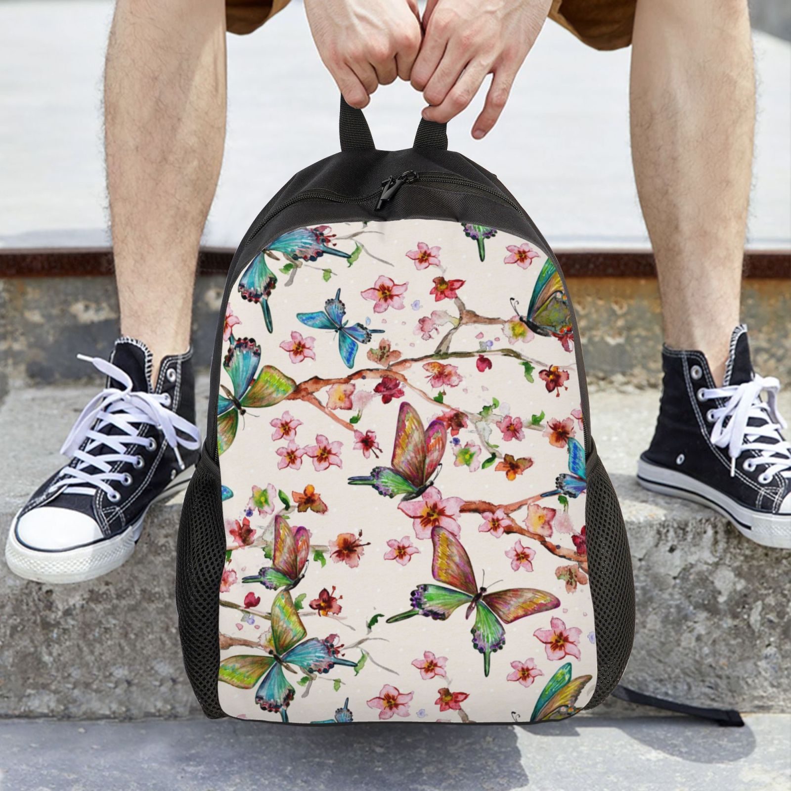 Xecao Watercolor Floral With Butterflies Print School Backpack with Laptop Compartment Small Travel Laptop Backpack for Women Men Waterproof College Backpack Simple School Bag