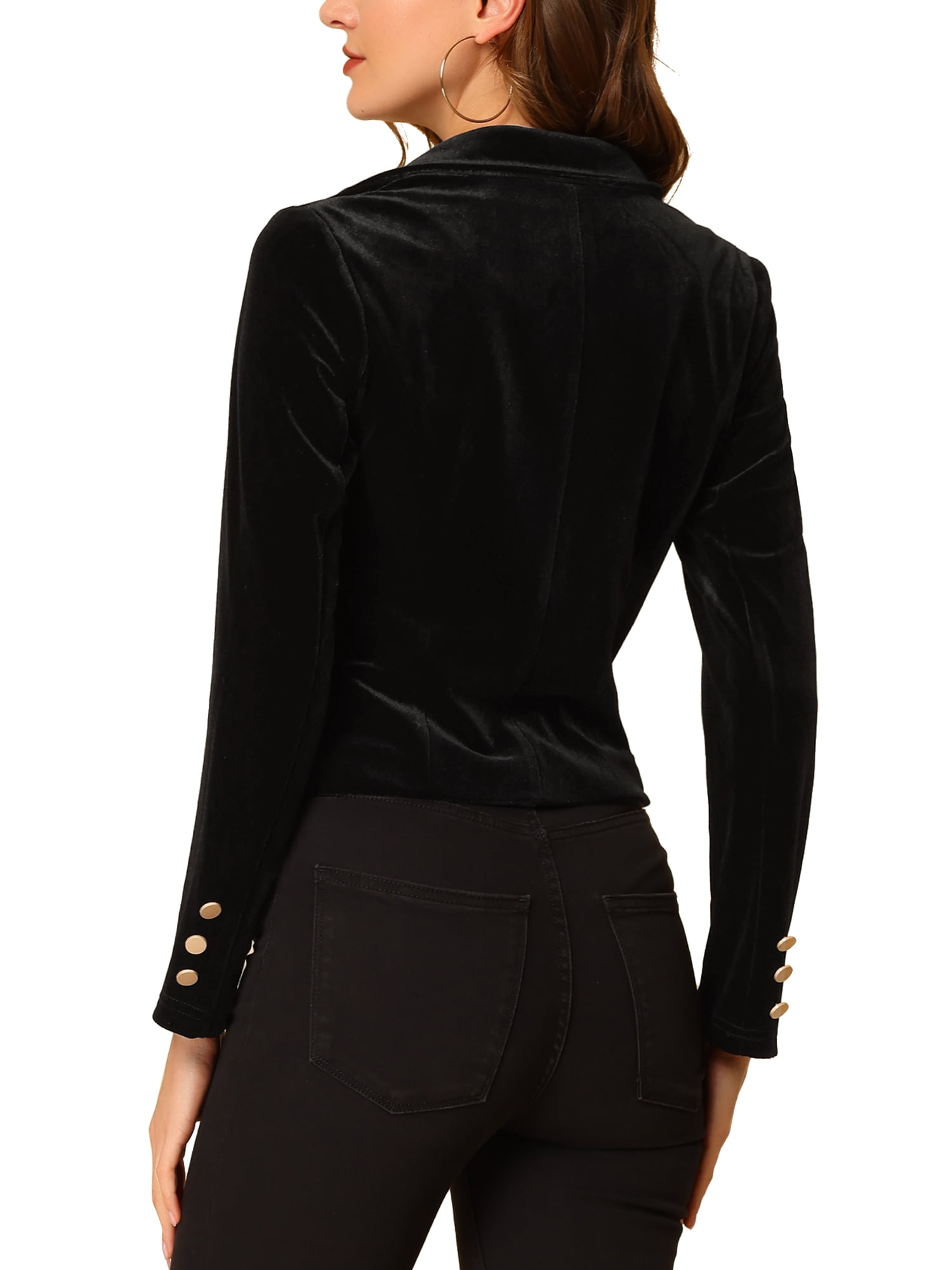 DARING DIVA Women's Button Front Velvet Blazer Lapel Crop Suit Jacket L Black