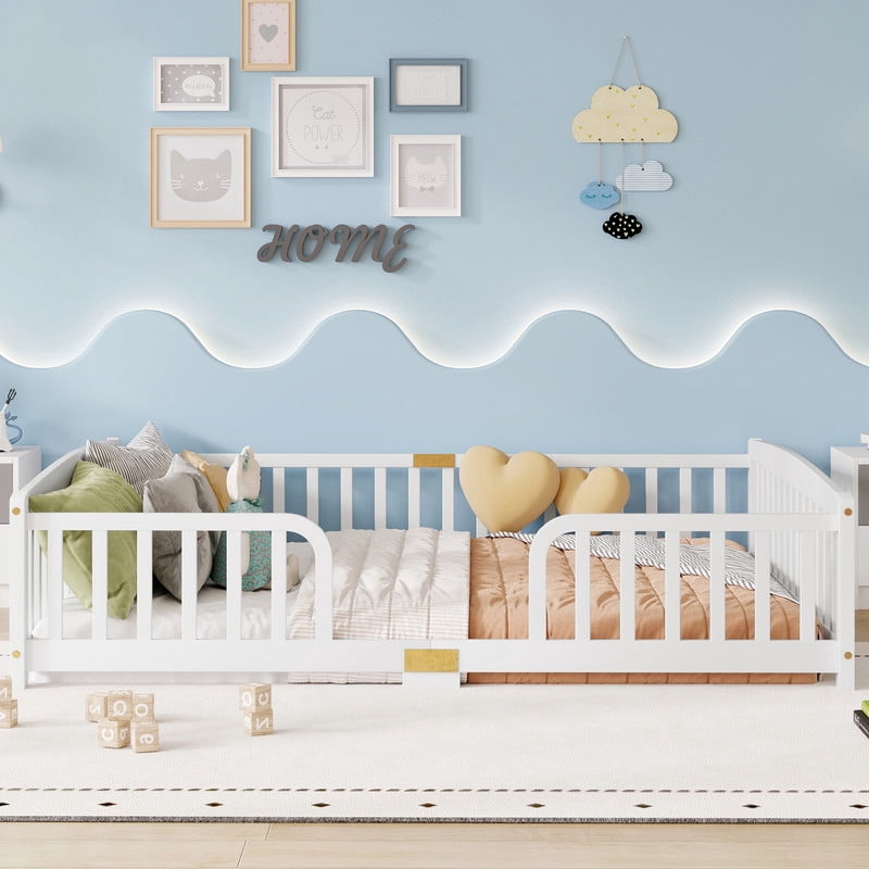 Queen Size Montessori Kids Floor Bed with Entrance, Toddler Crib Fence Bed, Low-Profile Wood Platform Bed Frame with Curved Guardrails