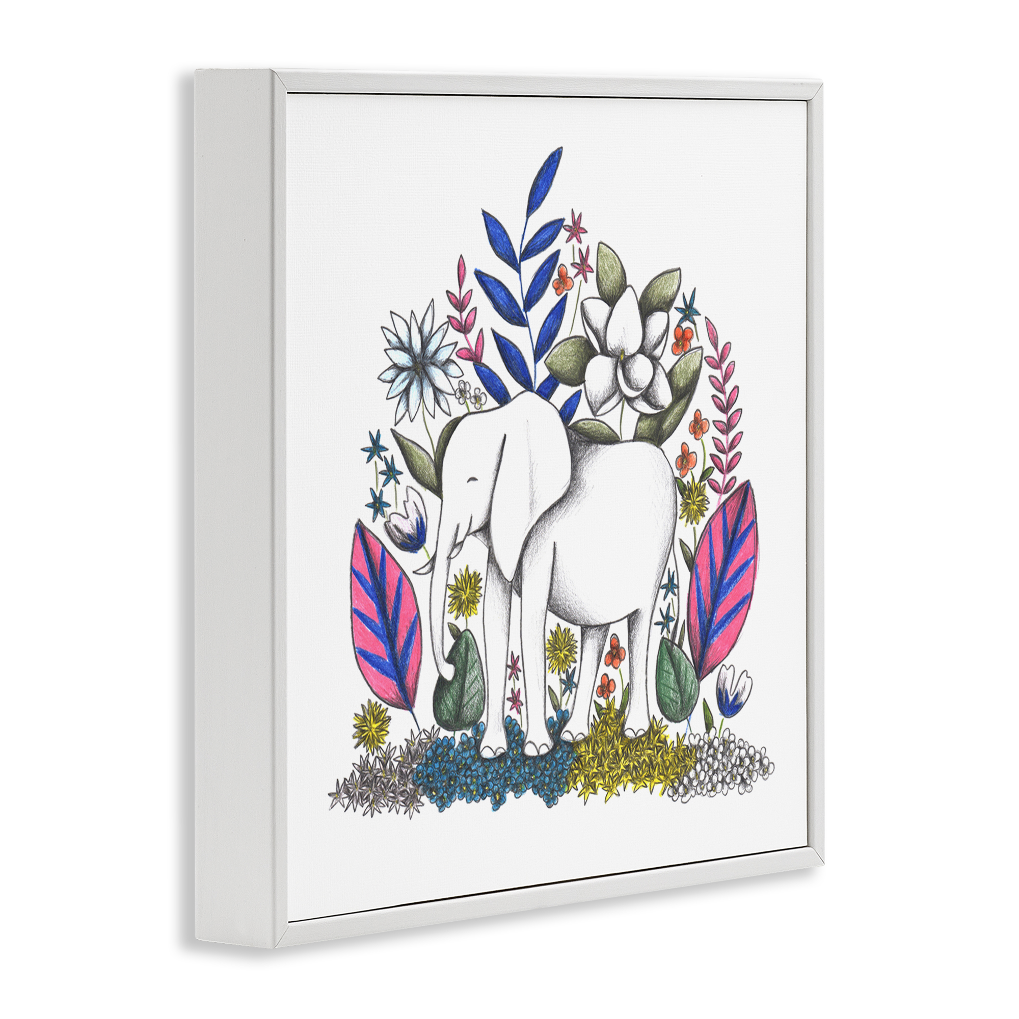 Elephant in Midst of Flowers White Framed Giclee Art, design by Cecilia Battaini