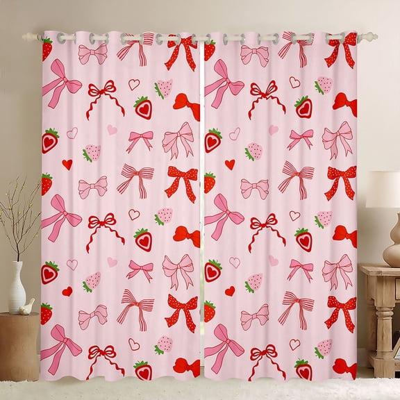 Erosebridal Girly Pink Ribbon Black Out Curtains, Cartoon Strawberry Curtains Pack of 2 (42x63 Each)