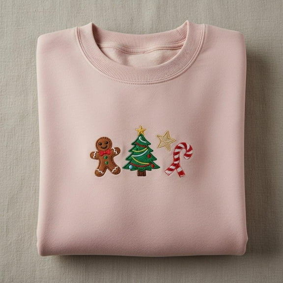 Christmas Gingerbread Man Embroidered Crewneck, Cute Holiday Cookie Sweater, Festive Christmas Tree Candy Cane Shirt