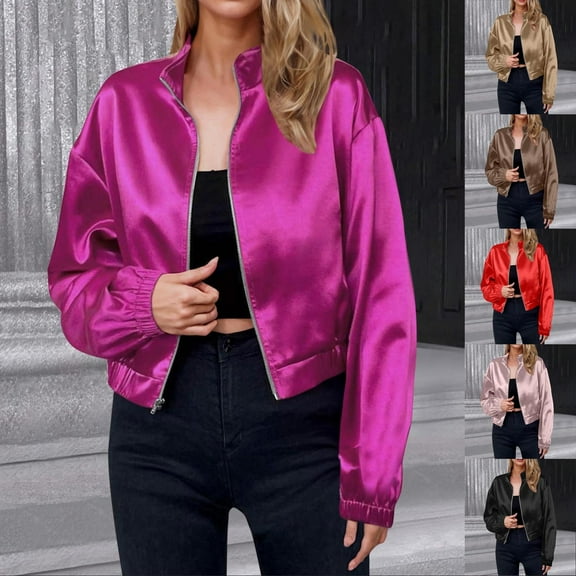 UVEASISHA Long Sleeve Zipper Jackets for Women Cropped Silk Satin Bomber Jacket Fall Casual Party Clubwear Outwear Brown L