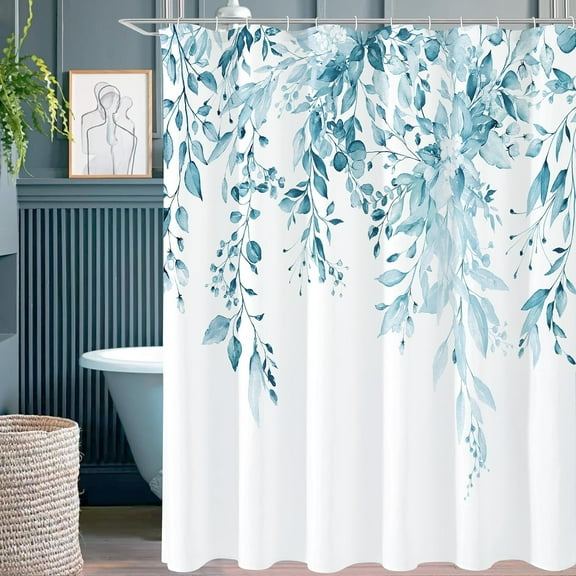 Spa Blue Eucalyptus Shower Curtain, Watercolor Plant Leaves with Floral Bathroom Shower Curtain Set with Hooks, 72x72