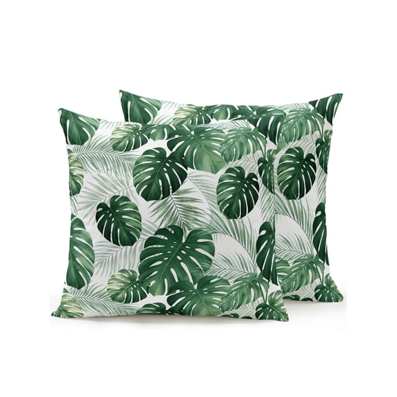 Outdoor Pillows Waterproof, Green Tropical Plants Bedding Throw Pillows with Insert for Couch Sofa Bed, Summer Botanical Palm Leaves 16x16 Inch Pillowcases Decorative Camping Patio Pillow Set of 2