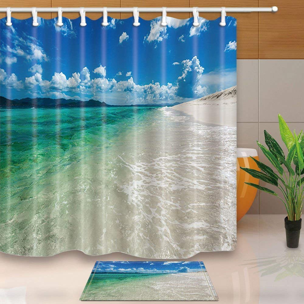 ARTJIA Ocean Decor Sea Seaside Beach Against Blue Sky Shower Curtain ...