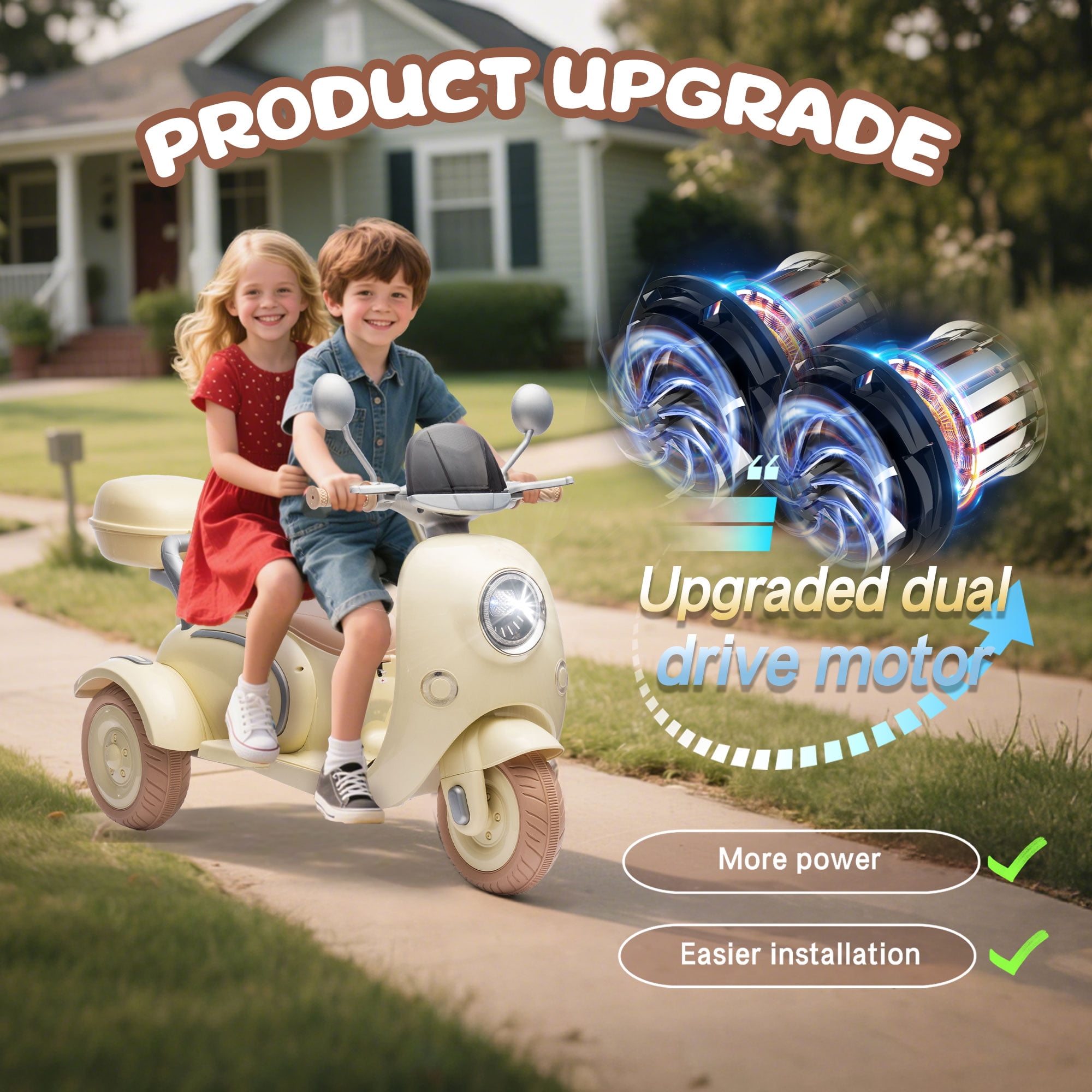 Xuanlur 12V Kids Electric Motorcycle, 3 Wheel 2 Seater Ride on Motorcycle w/Remote Control, 25W*2 Motors Electric Motorcycle w/Big Storage Box, Music, Horn, Light, Ride on Toys for Kids 3-8, Beige