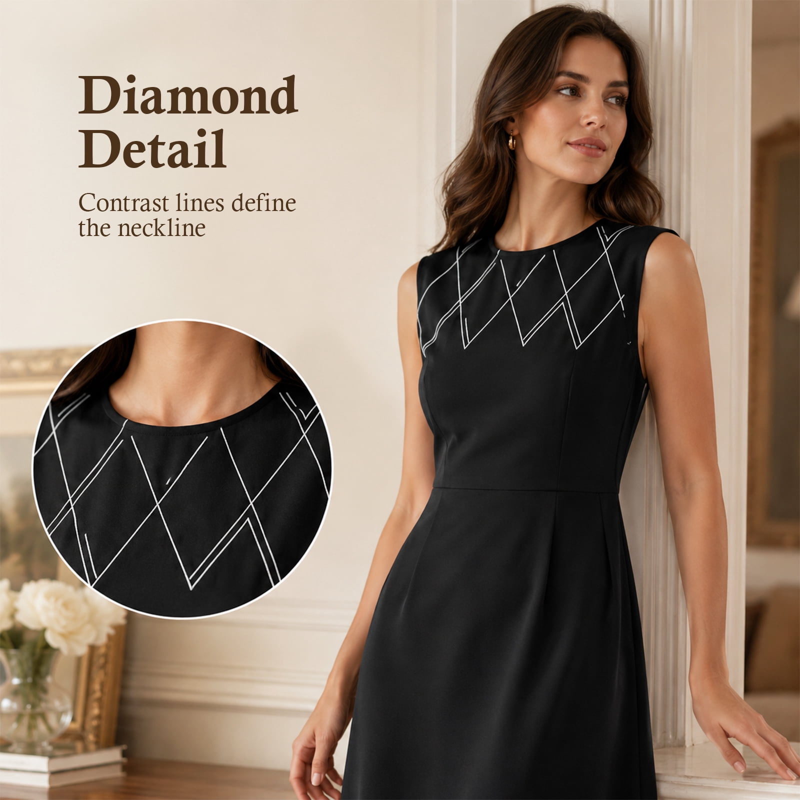Alvantor Women's Sleeveless A-Line Dress with Diamond Pattern, Black