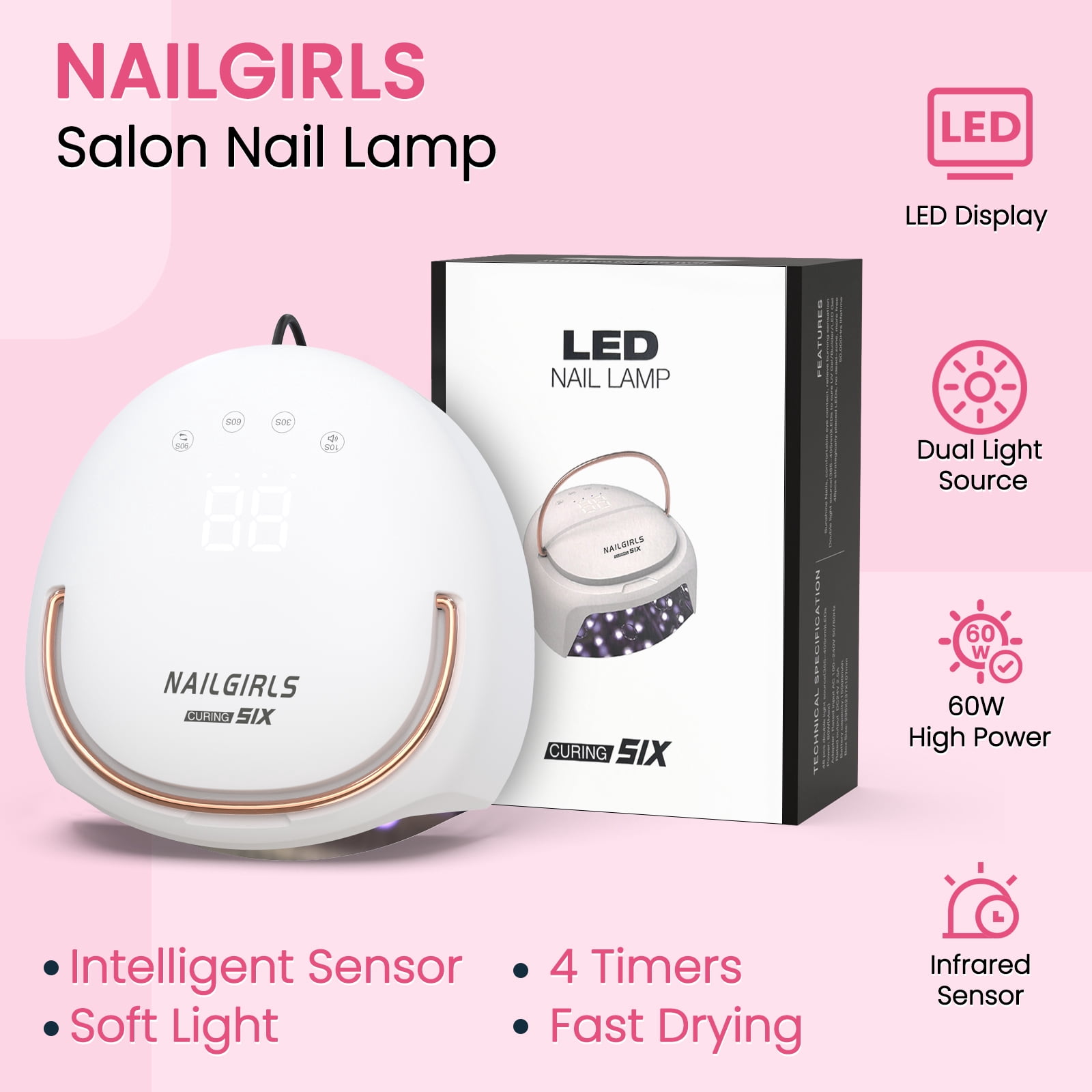 NAILGIRLS Professional Nail Lamp 60W Salon UV Nail Lamp- Fast Curing, UV Light for Gel Nails wiht 4 Timer Setting for Salon Manicures & Pedicures