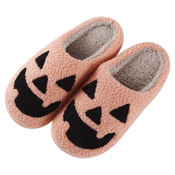 Xfvqtps Pumpkin Slippers For Womens Mens Spooky Lantern Pumpkin Plush Warm Non Slip House Shoes Winter Cotton Slippers Couple Thick Sole Soft Sole Shoes Black