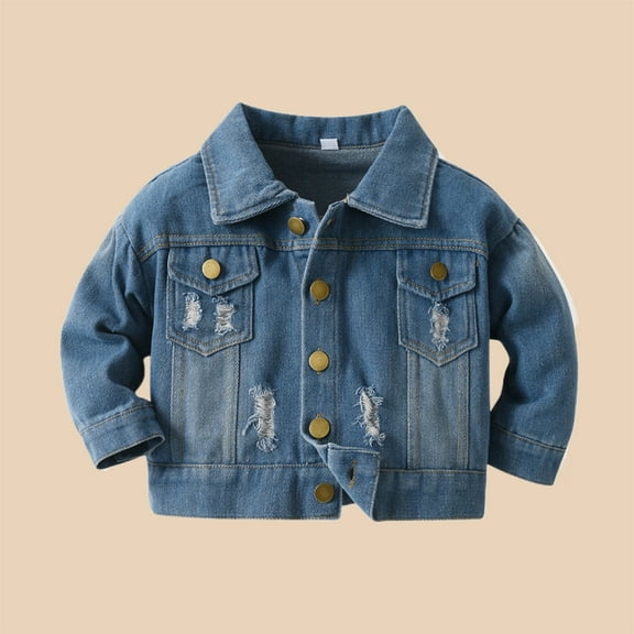 JIAYUE Tops for Boys Girls Long Sleeve Denim Jacket Distressed Collar Ripped Detail For Kids Vintage Style