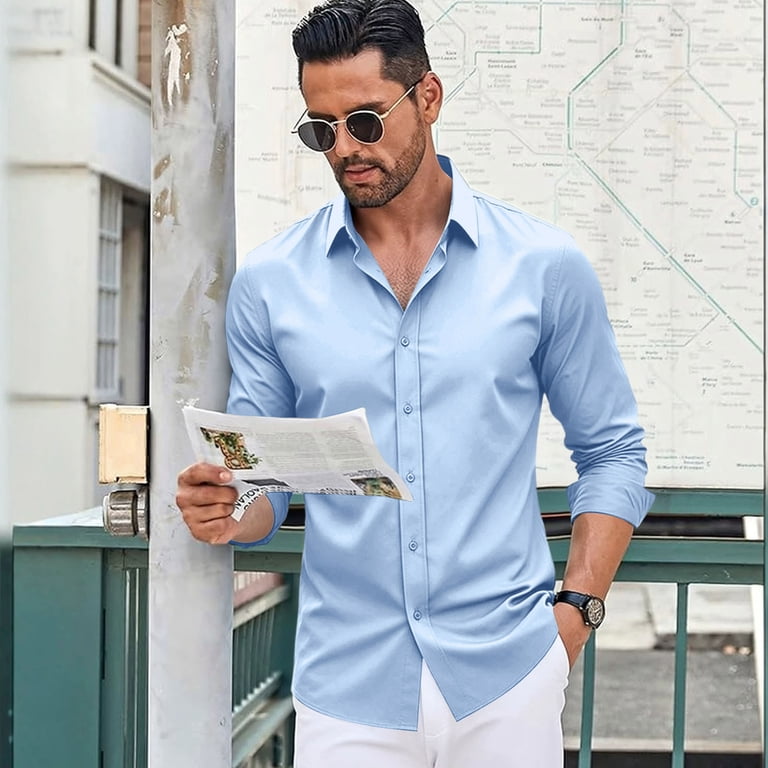 modern dress shirts for men Mens Single Pocket Logo Fit Stretch Shirt - Pink Designed specifically for men with broad shoulders and a narrow waist Karako Men Black Dress Shirt