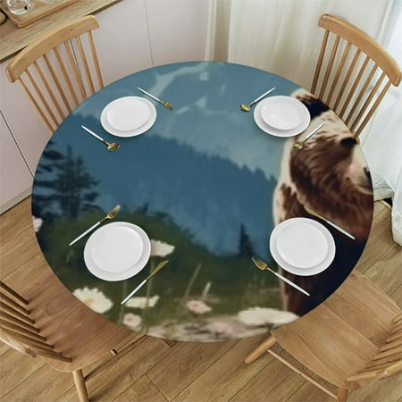 

Sheronv Bear Flowers Mountains Round Table Cover Stain Resistant and Washable 100% Polyester Tablecloth for Indoor Outdoor Kitchen Dining Wedding Parties 31 -35