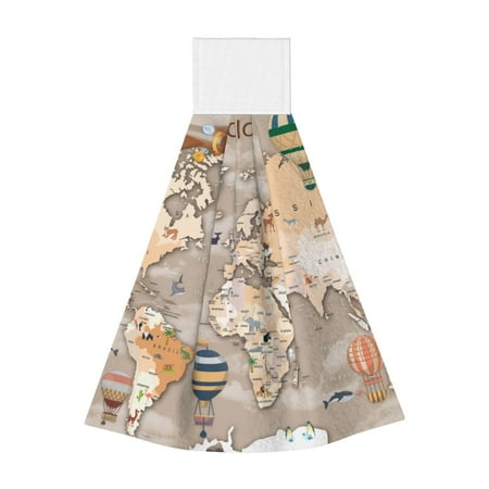 

Easygdp World Map With Animals Kitchen Hand Towels Hanging Tie Towels Fast Drying Dish Cloth with Loop for Bathroom Restroom Home Decor