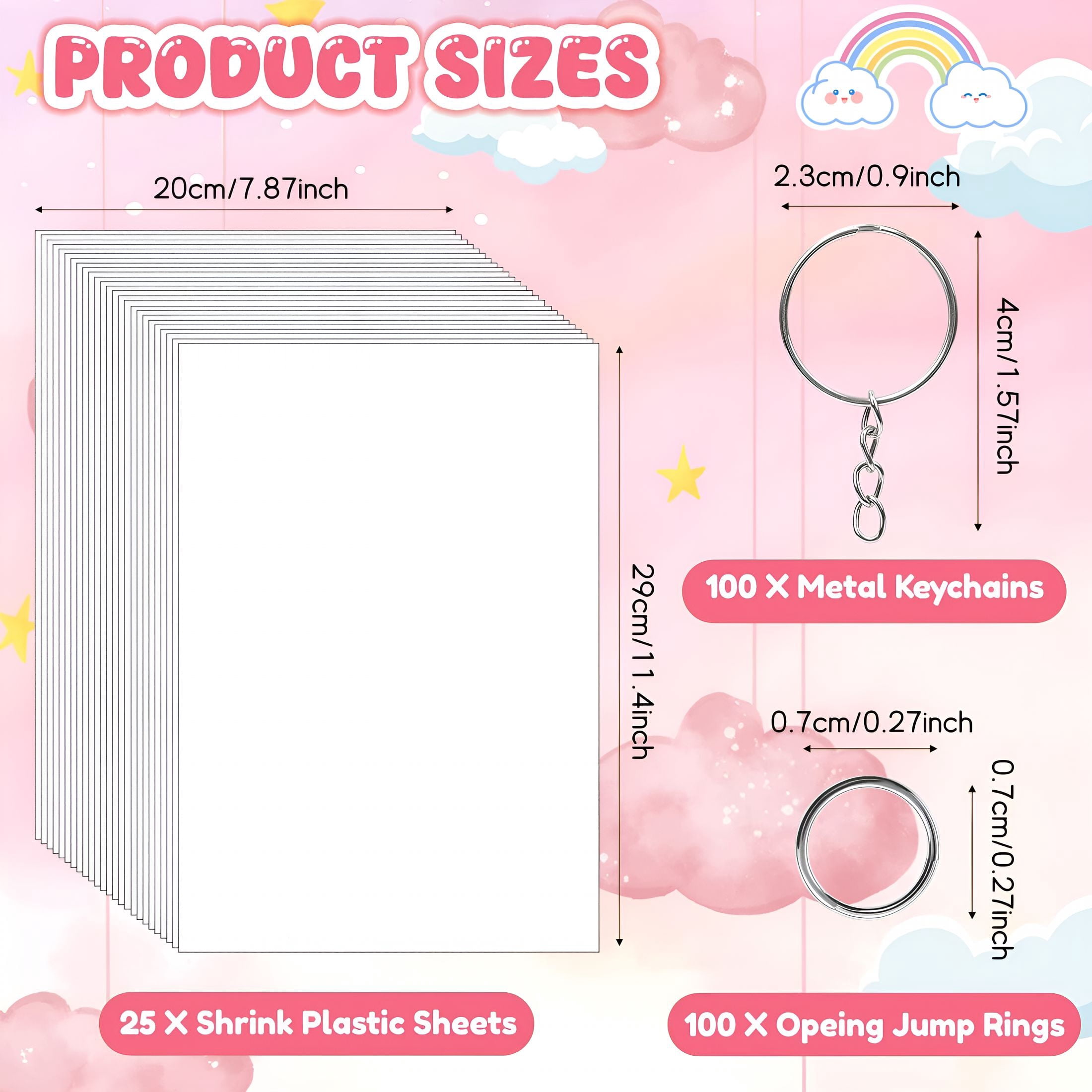 BESTSKY 225Pcs Shrinky Dink Kit for Kids,Shrinky Dink Sheets & Shrink Plastic Sheets Kit with 25 Paper (7.87 X 11.4In),Keychain Making Kit with 100 Keychains & Rings,Diy Crafts for Kids