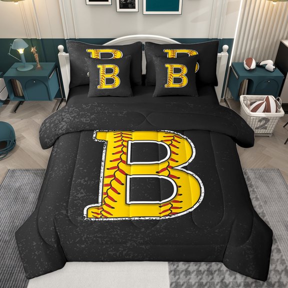 Feelyou Cartoon Baseball Print Bedding Comforter Set 7 Pieces, Monogrammed B Full Bedding Set, Black Gold Stripes Abstract Reversible Fitted Sheet Flat Sheet, Breathable Home Decor