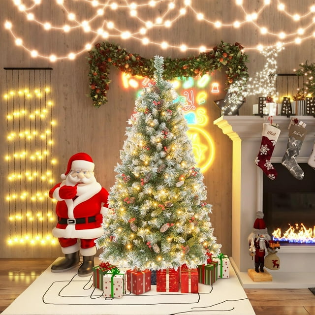 Costway 150cm Árbol de Navidad Artificial con Luces LED Blancas Cálidas 8 Modos de Iluminación Verde y Blanco