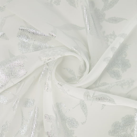 Zelouf Loretta Floral Foil On Crepe Chiffon  , Sewing, DIY, Crafts Fabric by the Yard, Ivory/silver, 3 Yard