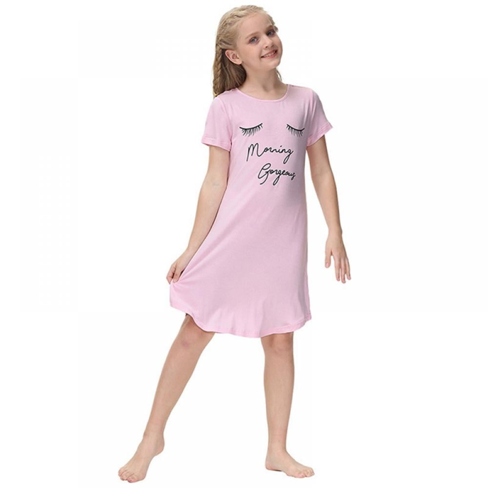 Girls Nightgowns Short Sleeve Cute Cartoon Print Pajama Sleep Dress For