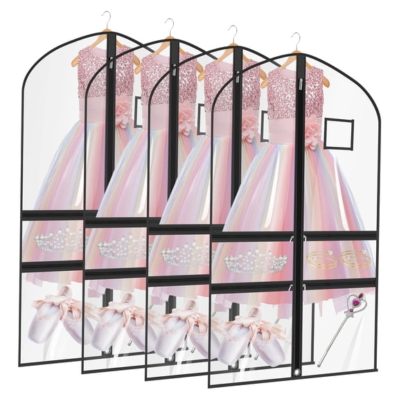 4/8 Pack Dance Garment Bag 40" x 22" PVC Clear Costume Bag for Dancer with 4 Zippered Pocket for Hanging Clothes for Dance Competition Recital Travel and Closet Storage