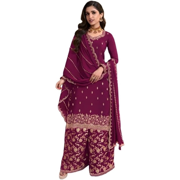 Ready to Wear Indian Pakistani Eid Special Designer Shalwar Kameez Palazzo with Dupatta Suits ( Purple, S - 38 )