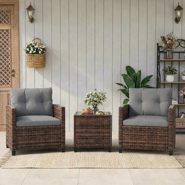 PE Rattan Patio Chair Set – 3-Piece All-Weather – Washable Blue Cushions & Tempered Glass Table – Garden, Balcony, Poolside & Terrace