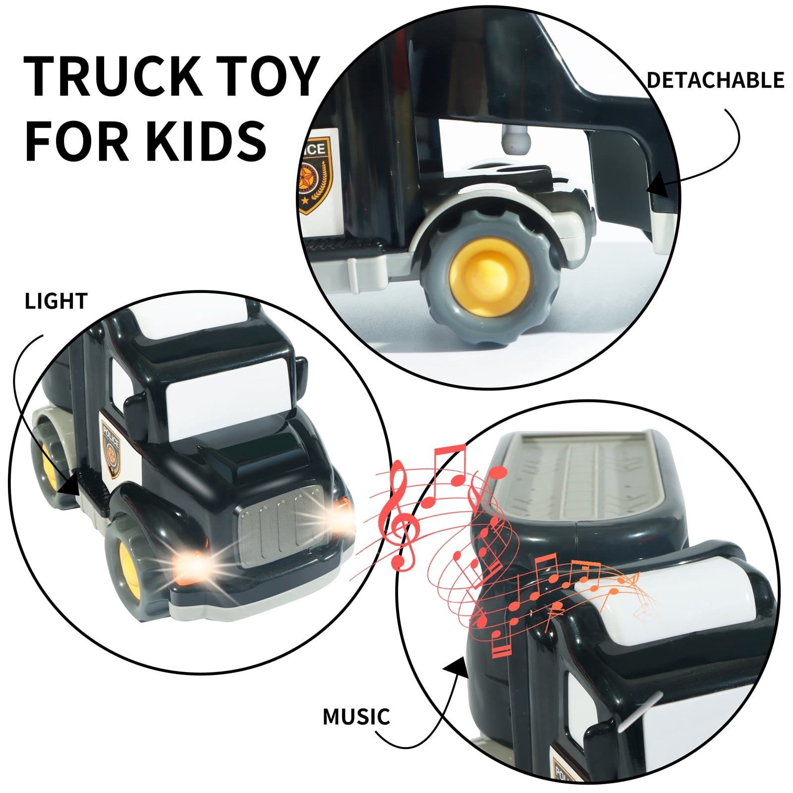 Truck Toys for 3 4 5 6 Years Old Boys Girls - 5 in 1 Carrier Cartoon Shape Transport for Toddlers 1-3, Friction Power Vehicles for Kids 3-5, Christmas New Year Birthday Gifts - Age 3-9, Black