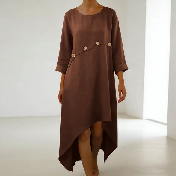 Homenesgenics Dresses for Women Plus Size Women's Solid Color Loose Casual Linen Irregular Hem Quarter Sleeve 3/4 Sleeve Round Neck Dress Brown L