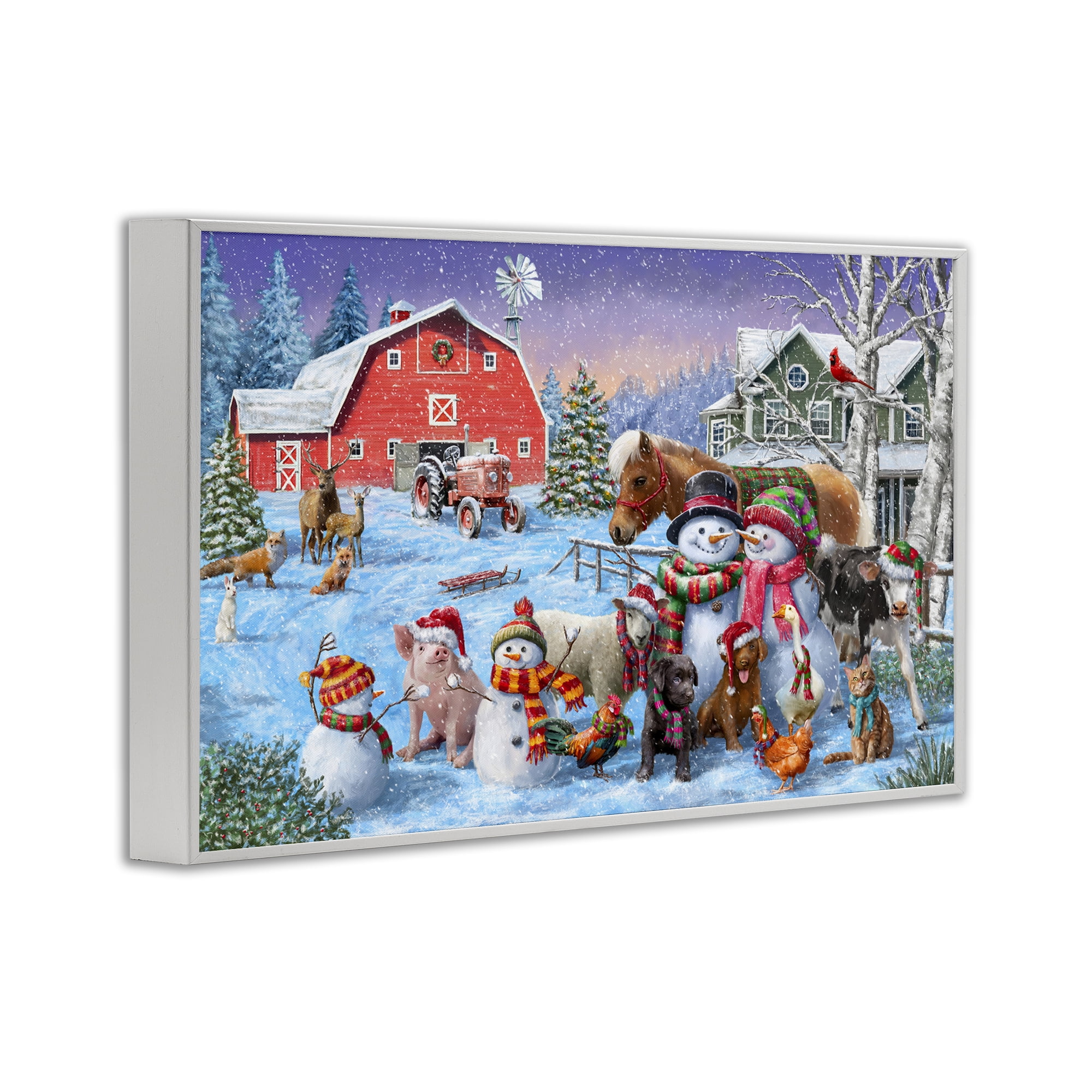 Stupell Industries Snowman & Dogs Family Holiday Painting White Framed Art Prints Wall Art, 30 x 20