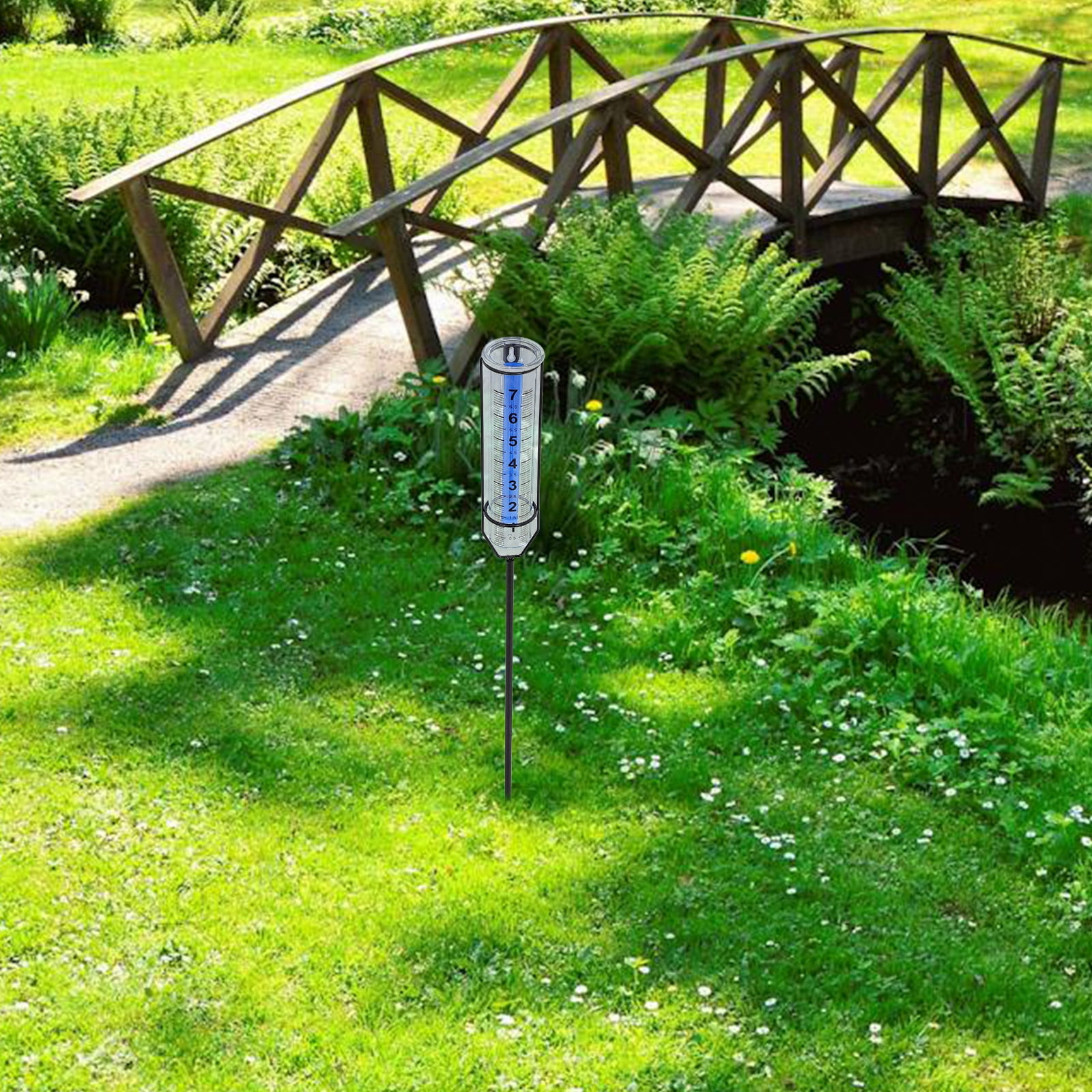 Large Rain Gauge Outdoor with Blue Stripes Iron Frame and Plastic Measuring Cup for Garden