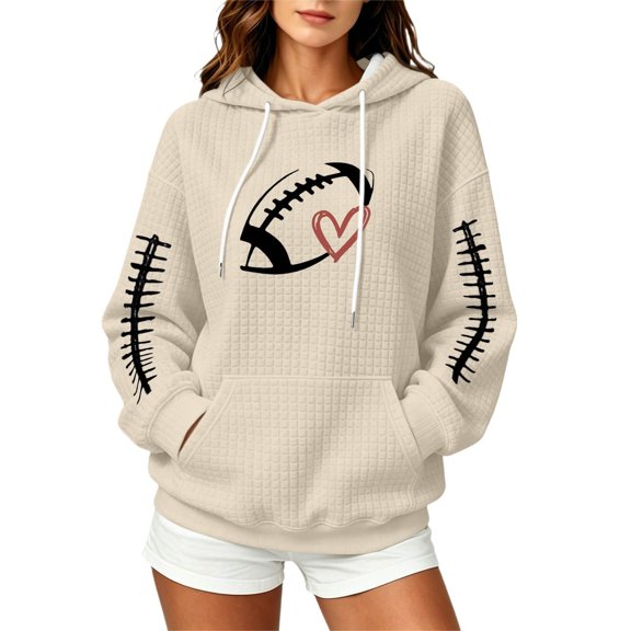 Women Waffle Knit Pullover Hoodie, Football Heart Graphic Long Sleeve Hooded Sweatshirt, Oversized Game Day Fan Top with Kangaroo Pocket for Sports Party Daily Fall Wear