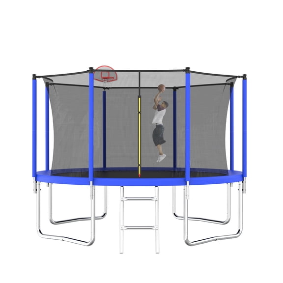 Alvantor 12Ft Trampoline for Kids and Adults Round Trampolines with Basketball Hoop & Enclosure Net for Backyard Yard, Age 3-10,Blue