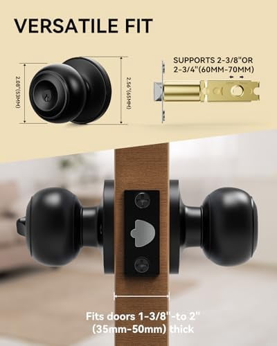 6 Pack Door Knob with Lock, Keyed Same Entry Door Knobs, Interior and Exterior Round Ball Door Lock for Front Bedroom or Bathroom, Door Knobs Matte Black Finish