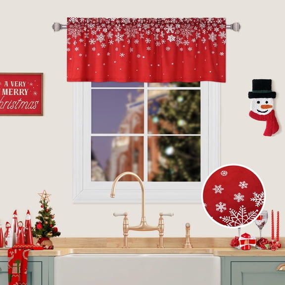 Christmas Valance Curtains for Windows, Snowflake Window Treatment Rod Pocket, Red Short Curtains for Living Room Bedroom Bathroom Kitchen Cafe Decor,52x15 in
