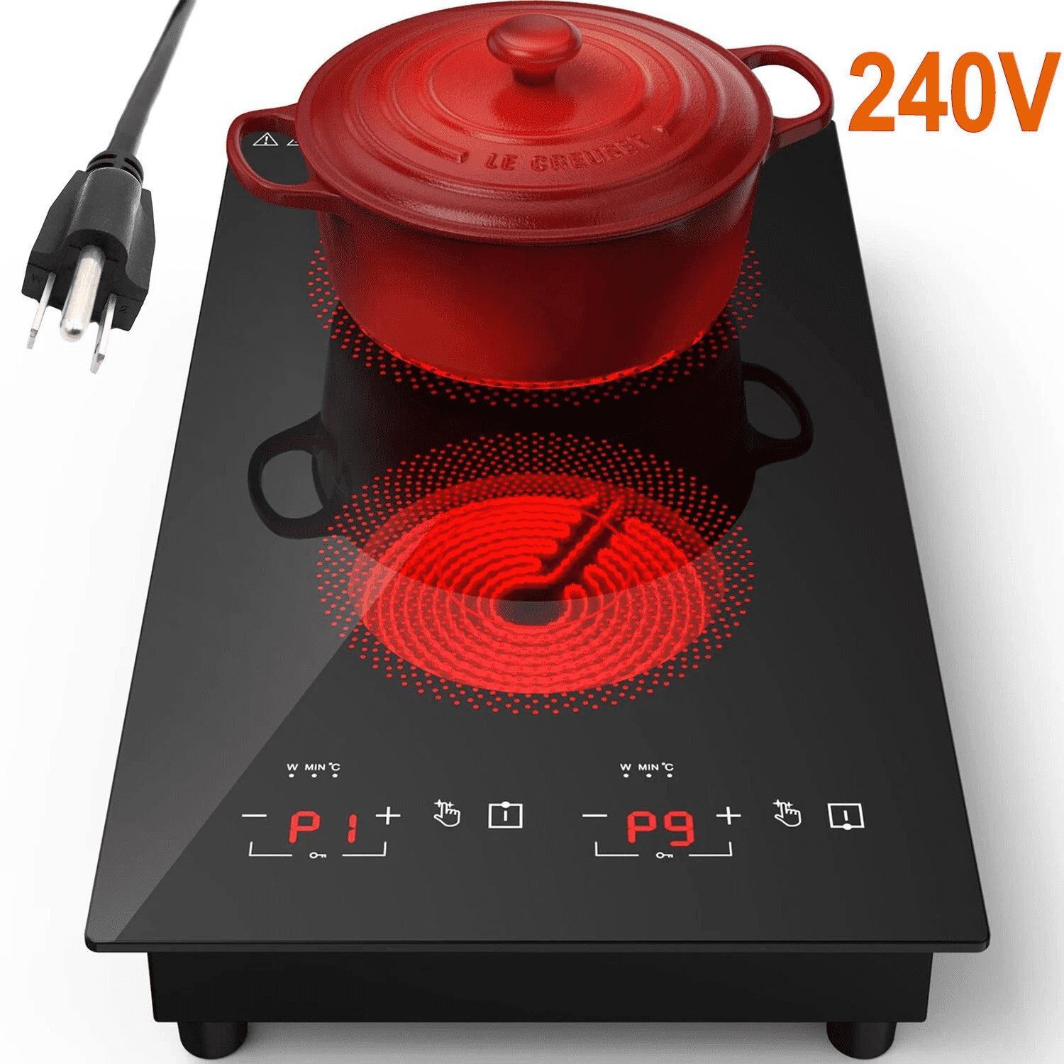 iMeshbean 12inch Electric Ceramic Cooktop 220V 3000W Electric Induction Cooktop 2 Burners Stove Top Built-In/Integrated Touch Control
