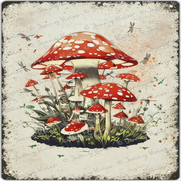 Vintage Mushrooms Metal Sign, Mushroom Decor, Retro Mushroom Wall Decor for Kitchen Bedroom Bathroom Yard Garden Store Flower Shop Cafes Bar Club Poster Hippie Decor 12x12 Inch