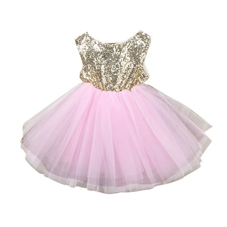 

gvdentm Girls Sleeveless Party Dress Fit and Flare Silhouette Round Neckline & Back Zip Closure Flower Girl Dress Pink 5-6 Years