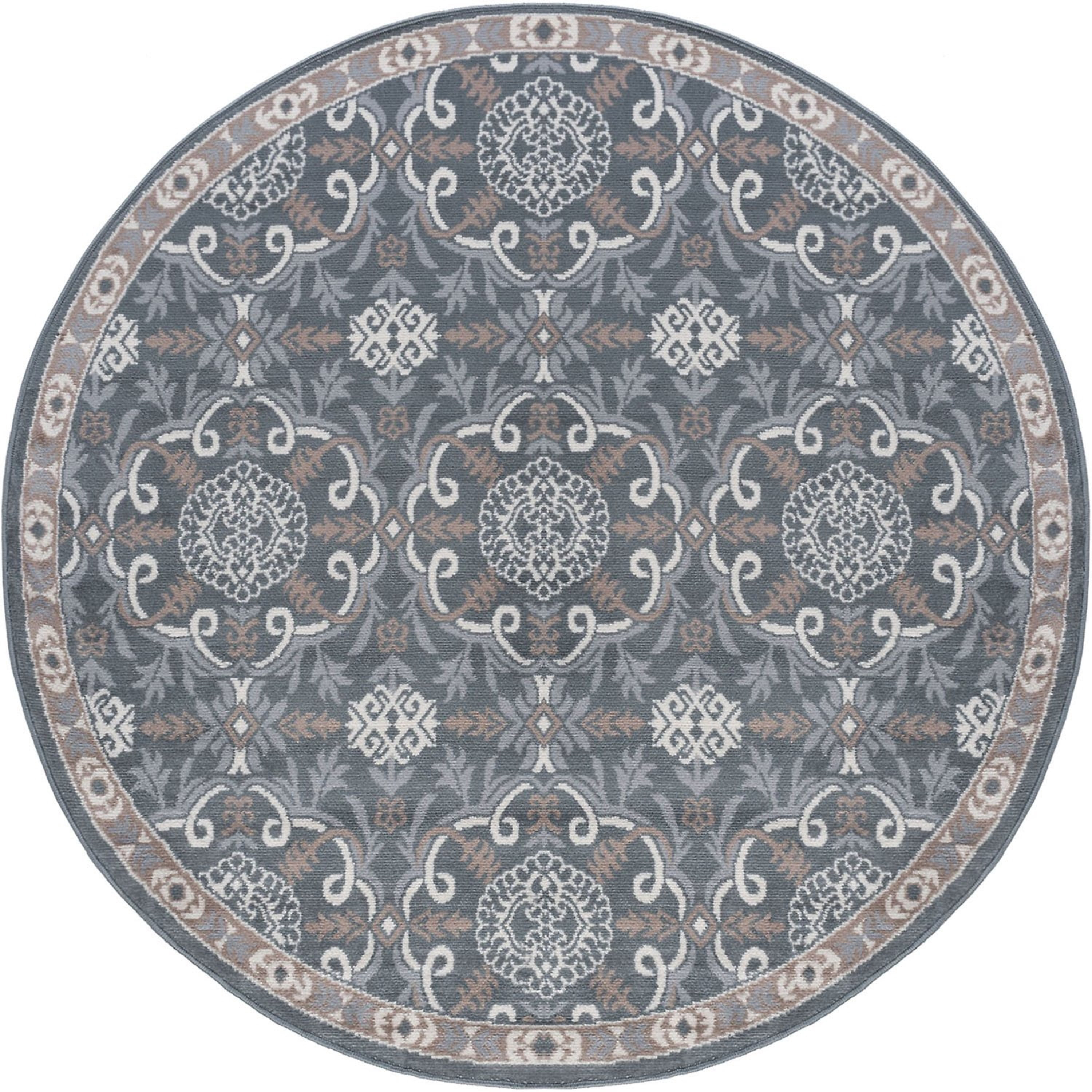 Hampton Traditional 8' Round Gray and Beige Polypropylene Indoor Area Rug