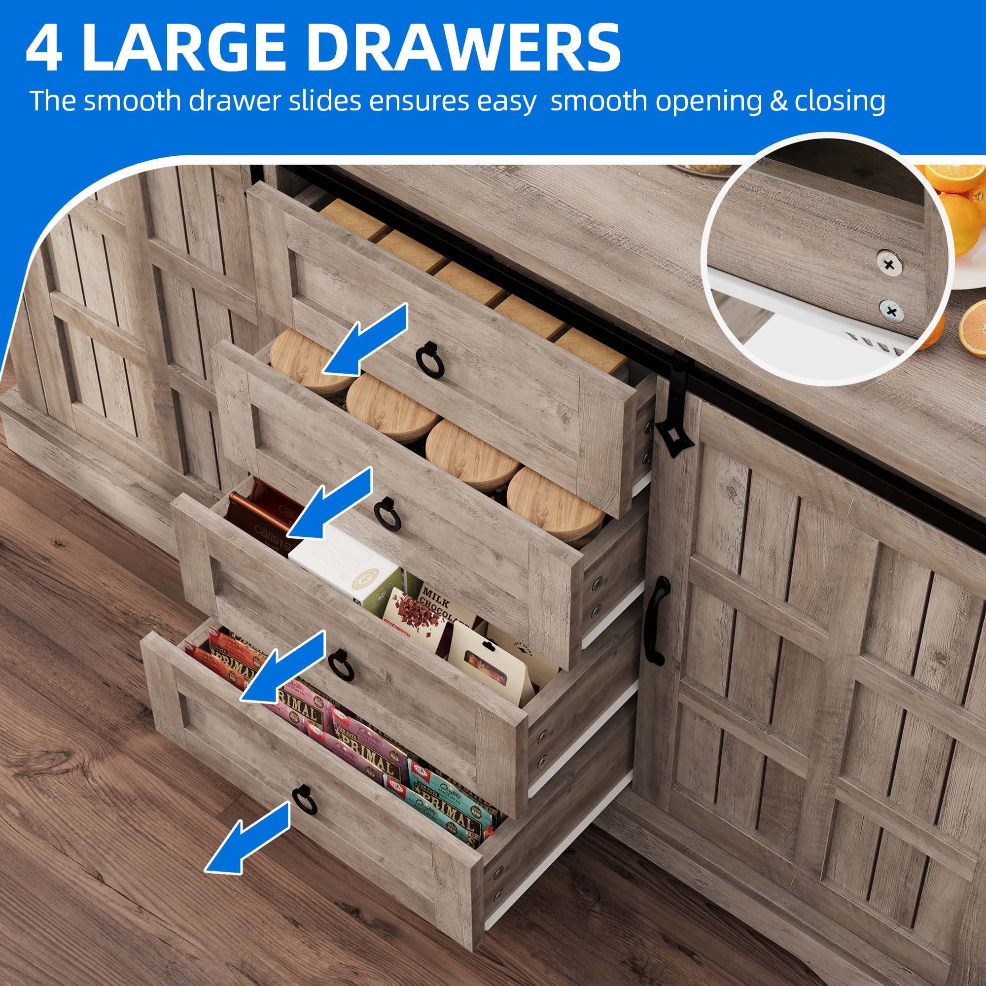 Uforic 59" Farmhouse Sideboard Cabinet, Kitchen Storage Buffet Cabinet with Doors & Drawers & Adjustable Shelves, Wash Gray