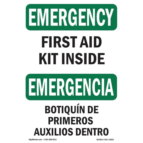 SignMission OS-EM-P-710-L-10321 OSHA Emergency Sign - First Aid Kit Inside Bilingual