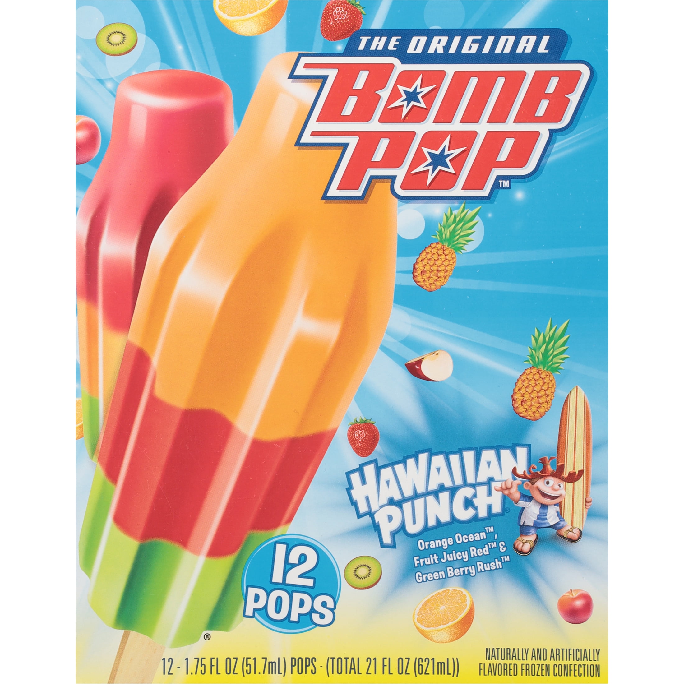 Bomb Pop Hawaiian Punch Freeze Ice Pop, Frozen Freezer Dessert, 12 Pack