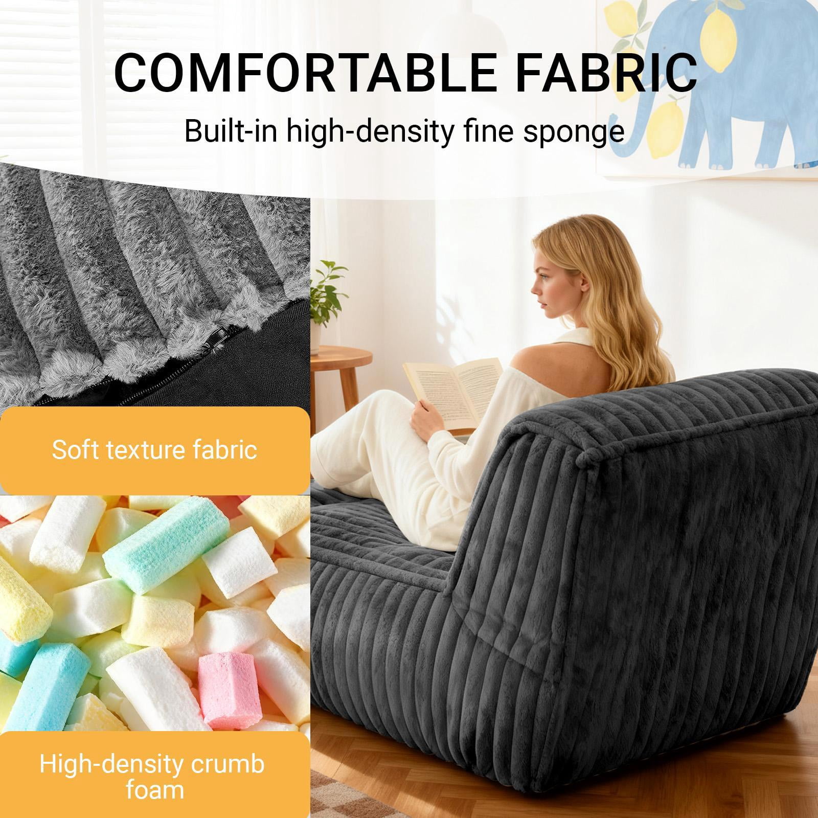 Hommoo Modular Floor Chaise Lounge, Multi-Scene Relaxed Convertible Sofa Bed, Dark Gray
