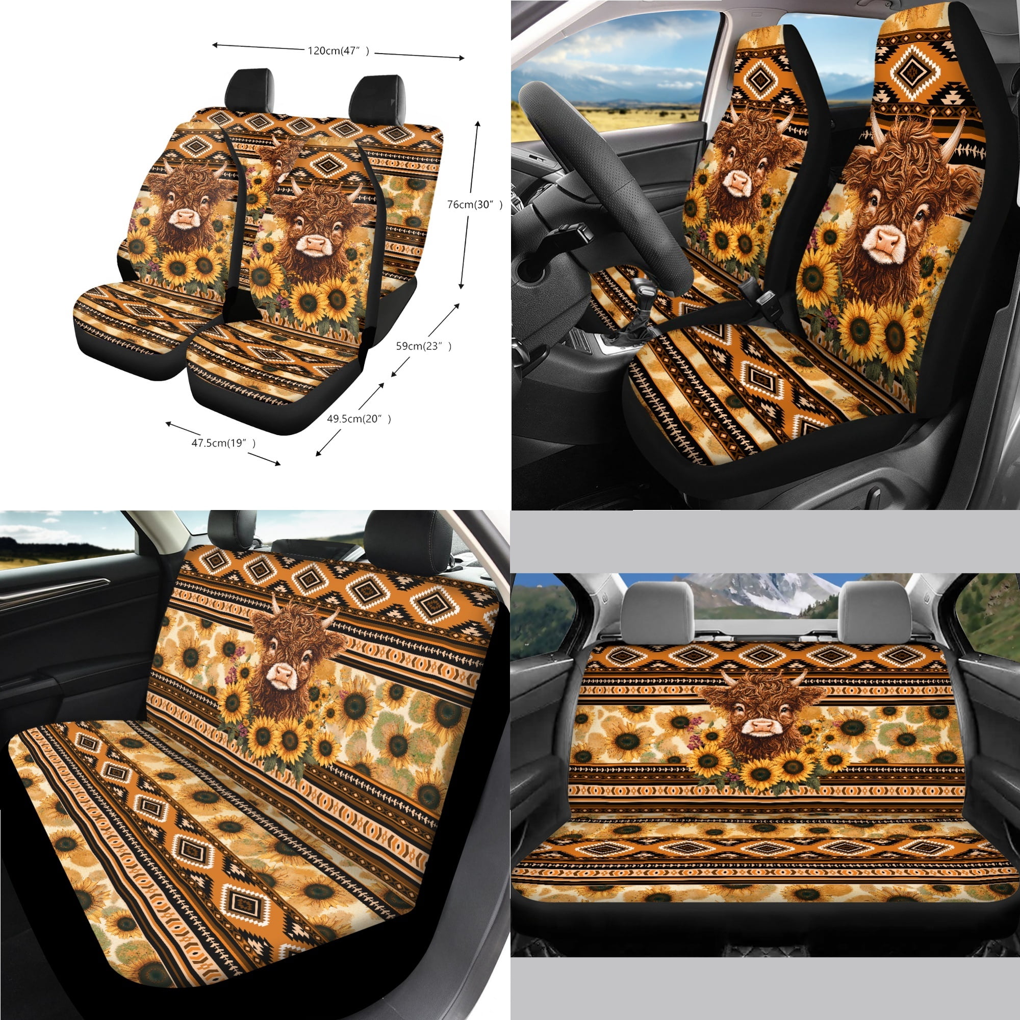 Renewold American Tribal Highland Cow Sunflower 14 PCS Car Seat Cover Full Set with Steering Wheel Seat Belt Strap Pads Cup Coasters Trash Bag Rearview Mirror Armrest Pad Handbrake Cover Set