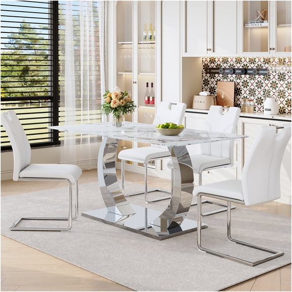 JERFIT 63-inch Expandable Dining Table Set with 4 Padded Chairs, Modern Convertible Design, White Rock Glass Top & Adjustable Silver Base for Kitchen Dining Room
